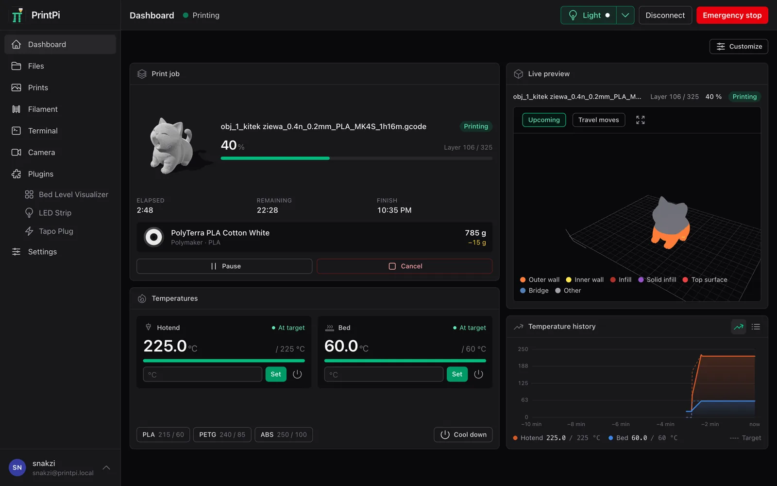 The PrintPi dashboard during a print: a live 3D view of the part, temperatures, the camera and the job's progress
