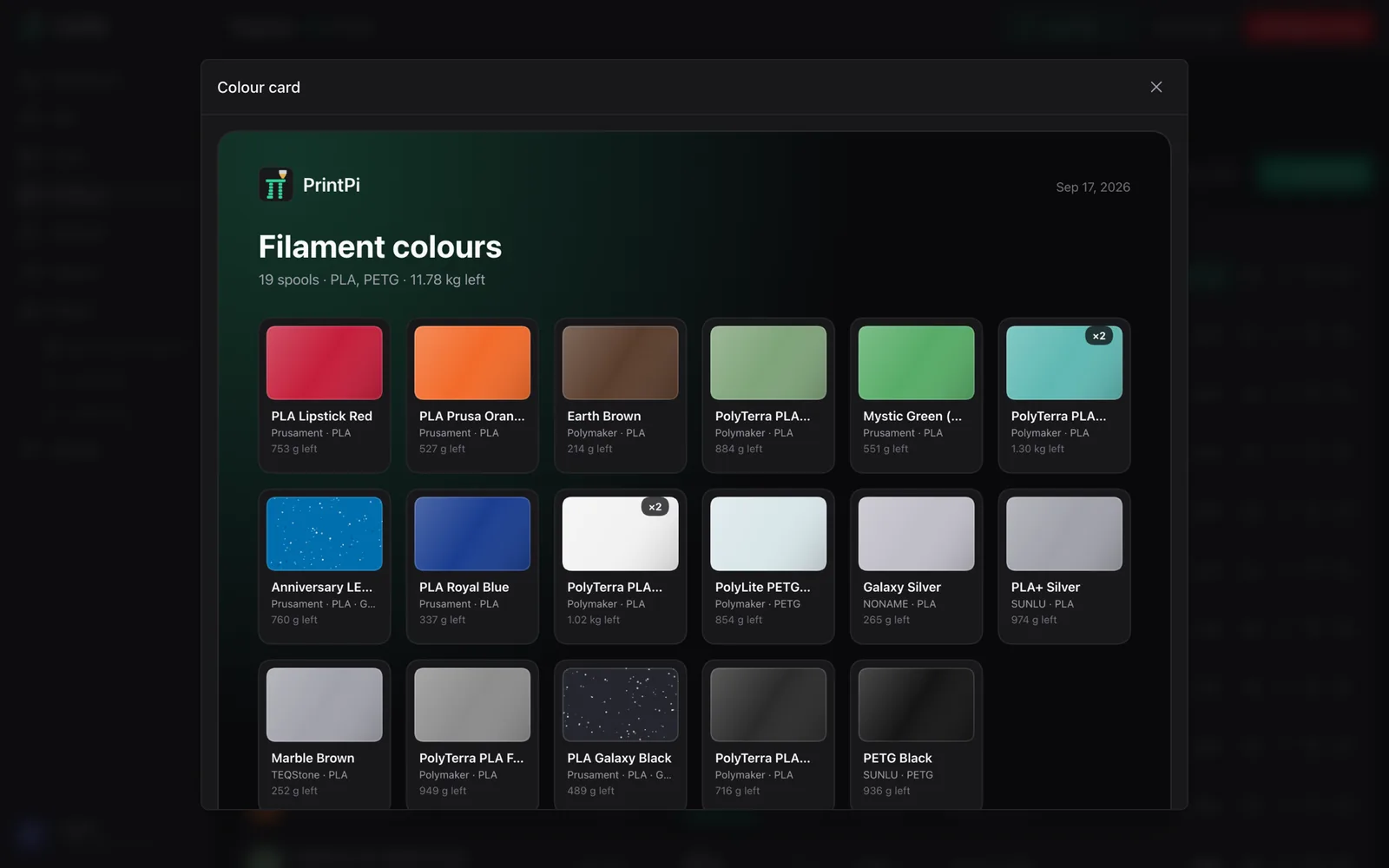 A colour card of every spool in the inventory