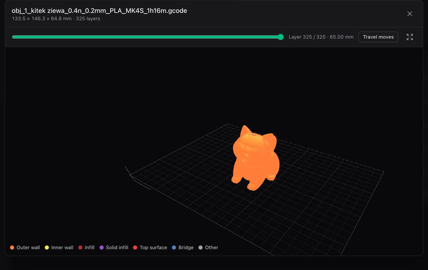 The 3D preview of a G-code file, coloured by feature