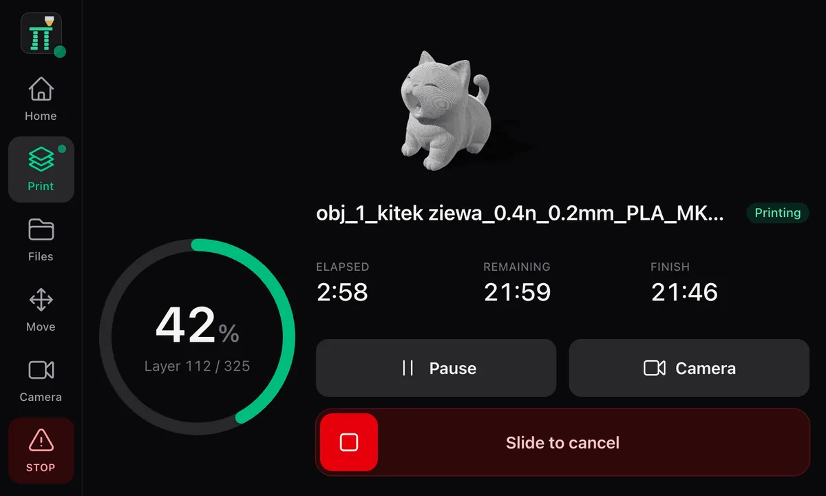 The touch panel during a print with the part, the time left and a slider to cancel